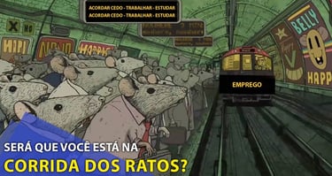 imagem mostra uma estação detrem ilustrada com desenhos de ratos simbolizando a corrida dos ratos.