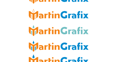 Five variations of the MartinGrafix logo with orange and blue text and a crown icon.