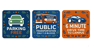 Free parking, bus nearby, and a 6-minute drive to Boise State campus for male students.