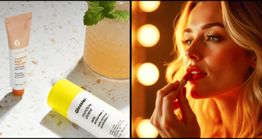 split screen, left side showing glossier product, right side model applying makeup