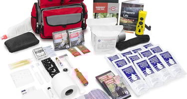 red and grey backpack with emergency supplies