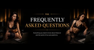 A frequently asked questions banner for StripLive featuring a brunette model in black lingerie with a laptop.
