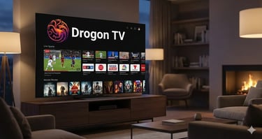 Drogon TV streaming interface on a smart TV in a cozy living room with a fireplace.