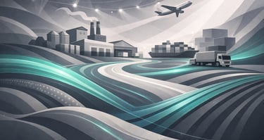 Stylized global logistics illustration featuring a cargo plane, shipping vessel, truck, and industrial factory.