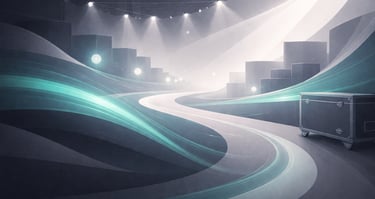 Abstract digital illustration of a glowing event stage road with teal light trails and concert spotlights.