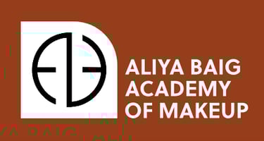 a brown and white logo with the words aliya bag academy of makeup
