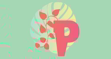 Logo featuring a bold coral-red letter ‘P’ with a botanical theme, including a monstera leaf & vine