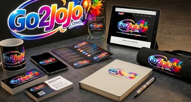 Go2Jojo branded merchandise including a coffee mug, business cards, tablet, and notebook with colorful logo design.