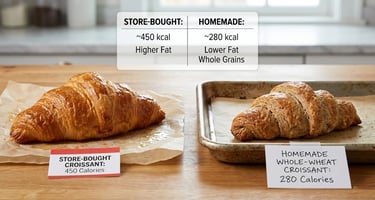 Store-bought vs homemade croissant calories comparison showing lower calorie homemade croissants