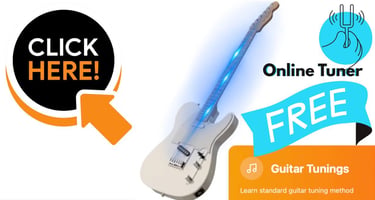 Free online guitar tuner tool featuring an electric guitar with glowing blue strings.