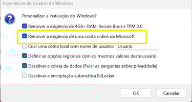 Rufus, remover a exigência de uma conta microsoft