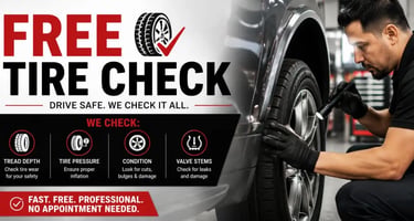 Professional free tire check service at Fast Tire Shop including tire pressure inspection, tread dep