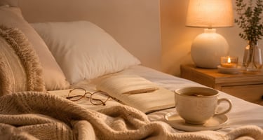 Cozy bedroom setting with an open journal, glasses, and a cup of tea on a bed with warm lamp lighting.