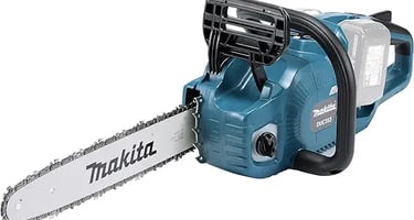 Makita cordless chainsaw with battery pack and sharp chain bar for landscaping and woodworking.