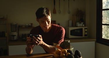 Smiling man holding a coffee mug in a sunny kitchen with fresh fruit and vegetables.