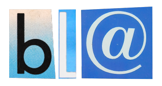 BLA uitgeknipte letters op blauw met apenstaartje