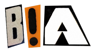 BLA uitgeknipte letters met uitroepteken als l