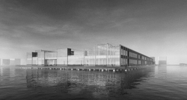Black and white architectural rendering of a modern glass building on a waterfront pier 6
