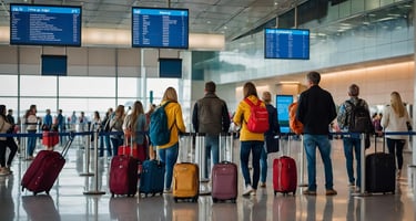 Airline passengers with carry-on bags queuing at an international airport, check-in and security line for boarding