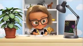 a cartoon character is sitting at a desk