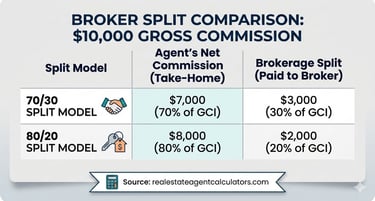 Infographic table comparing real estate broker split models for a $10,000 gross commission.