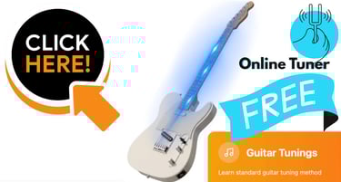 Free online guitar tuner and tuning method for electric guitars with blue glowing strings.
