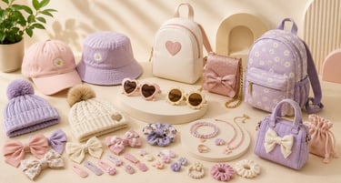 A collection of pastel purple and pink kids' fashion accessories including backpacks, hats, and hair clips.