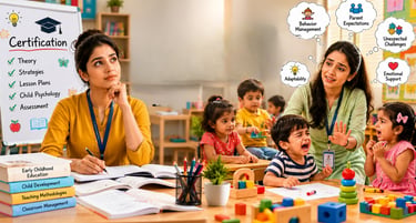 Early childhood educators balancing certification knowledge with real classroom teaching challenges 