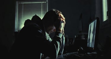 Stressed man holding head in hands while working late at a computer in a dark room.