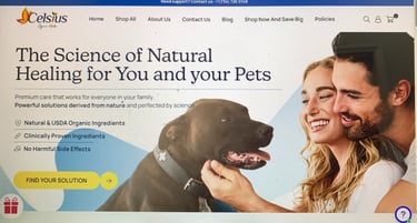 Celsius Organic Herbs website showing natural healing solutions for people and pets.