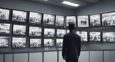A guard dressed in a formal uniform stands at attention in a sentry box outside a grand historic building with stone walls and large windows. An archway to the right shows part of a courtyard with parked cars and a couple of people walking in the background.