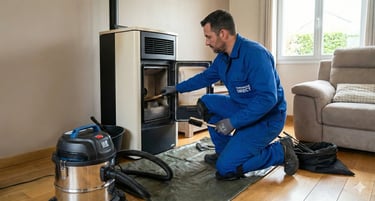 Technicien Ramonage Direct effectuant l'entretien d'un poêle à granulés à Nantes
