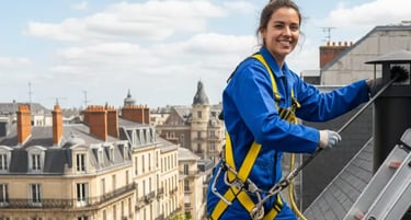 Ramoneuse certifiée réalisant un ramonage de cheminée sur un toit à Nantes