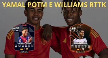 yamal e nico williams con la maglia della spagna con le carte di Yamal Potm e Nico Williams SBC su FC 25