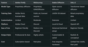 Adobe Firefly, MidJourney, Stable Diffusion, and DALL·E