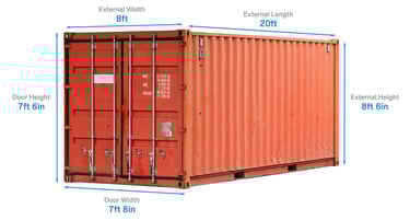 Diagram showing exterior dimensions of a standard 20ft container.