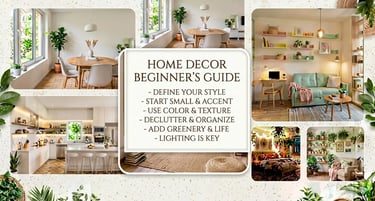 Home decor beginner’s guide showcasing modern interior design ideas for living rooms, kitchens, bedr