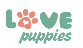 Logo de tienda para mascotas love puppies, variedad de opciones para los consentidos del hogar