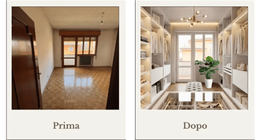 Prima e dopo di una cabina armadio moderna ed elegante prima ambiente vuoto dopo con arredi e finiture in bianco