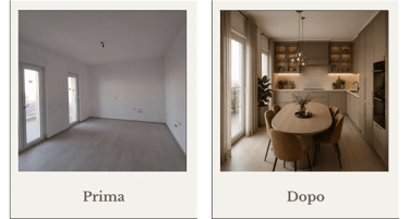 Prima e dopo ambiente vuoto trasformato in cucina ad angolo e zona pranzo
