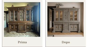 Restyling di un mobile massiccio antico pieno di intagli e decori, dipinto di greige e cambiate le vetrine