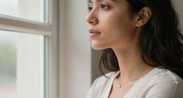 A serene mother gently cradling her newborn in a softly lit natural setting with earthy tones.