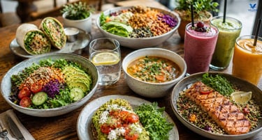 Healthy restaurant serving grilled salmon, quinoa bowl, fresh salad, vegetable soup, smoothie.