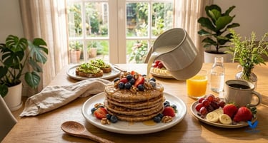High fiber breakfast of whole wheat pancakes and fresh berries.