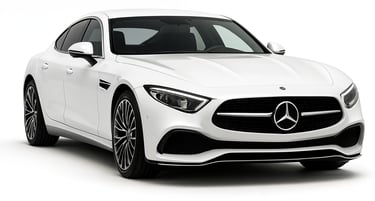 White Mercedes-Benz luxury sedan, front three-quarter studio shot on white