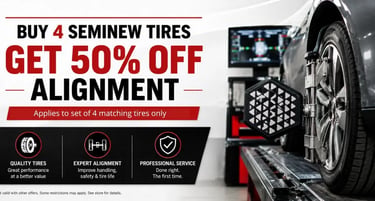 Promotional wheel alignment deal at Fast Tire Shop offering 50% off alignment with the purchase of 4
