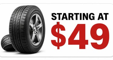 Promotional tire sale banner for Fast Tire Shop featuring new and used tires starting at $49
