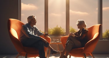 a man and woman sitting in chairs in a room