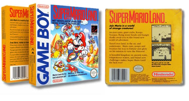 Cartucho, caixa e manual do jogo Super Mario Land para Game Boy com o logotipo "Game Boy Game Pak" i