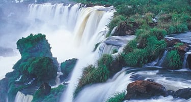 Panoramic view of Iguazu Falls with powerful white water cascading over green cliffs in a tropical rainforest.